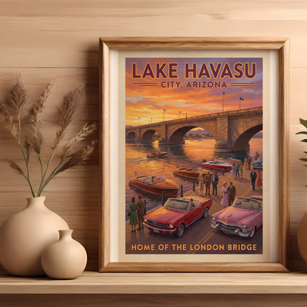 Vintage style poster of Lake Havasu City, Arizona, featuring the London Bridge and boats.