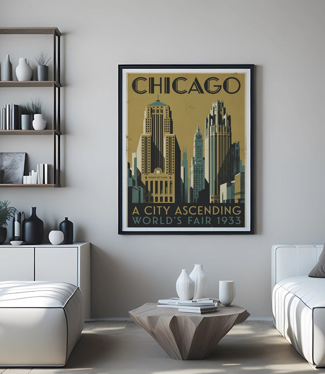 Chicago poster framed on wall with city skyline, "A City Ascending World's Fair 1933".