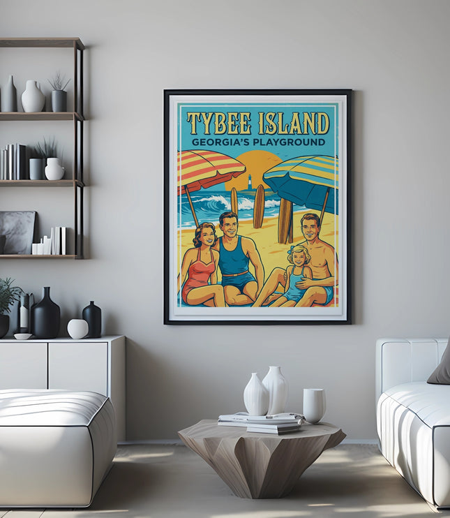 Tybee Island Georgia's Playground poster featuring a family on the beach.