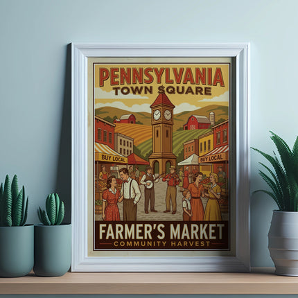 Vintage Pennsylvania Town Square Farmer's Market poster with musicians and vendors.