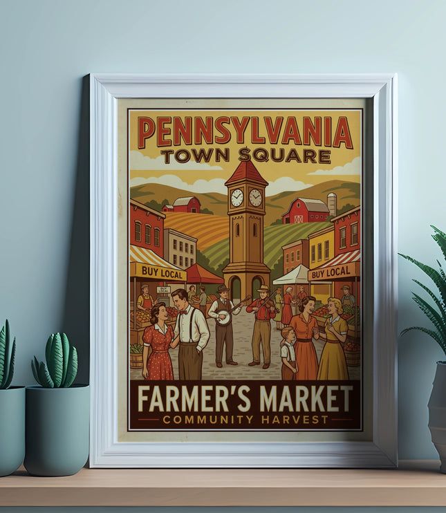 Vintage Pennsylvania Town Square Farmer's Market poster with musicians and vendors.