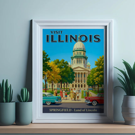 Vintage "Visit Illinois" poster of the Illinois State Capitol building in Springfield.