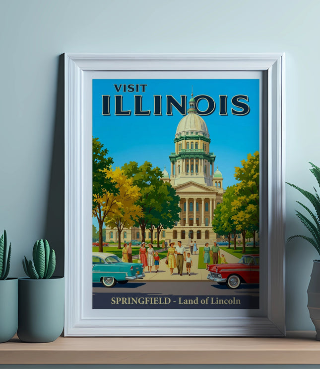 Vintage "Visit Illinois" poster of the Illinois State Capitol building in Springfield.