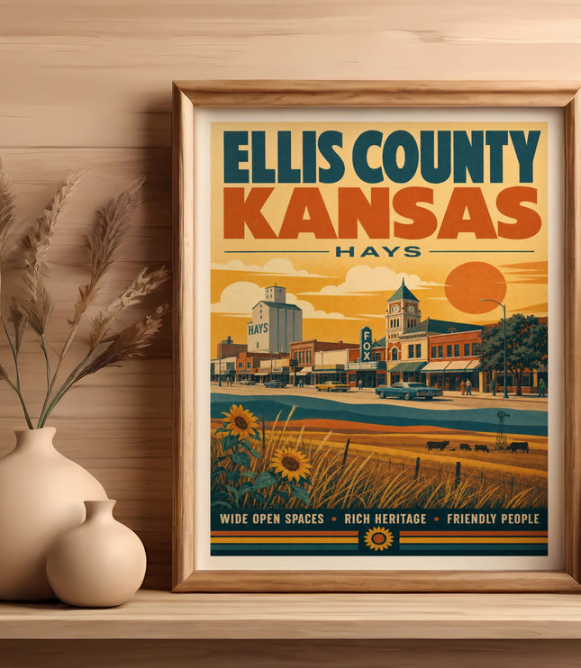 Ellis County, Kansas, Hays, vintage travel poster with sun, sunflowers, and farm scene.