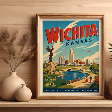 Wichita, Kansas travel poster with city skyline and Air Capital text.