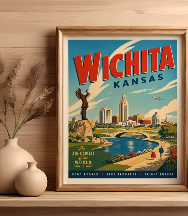 Wichita, Kansas travel poster with city skyline and Air Capital text.