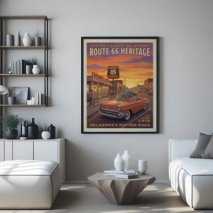 Route 66 Heritage poster with Clinton's Diner and classic car.