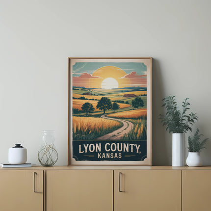 Framed poster with "Lyon County, Kansas" text and rural landscape at sunset.