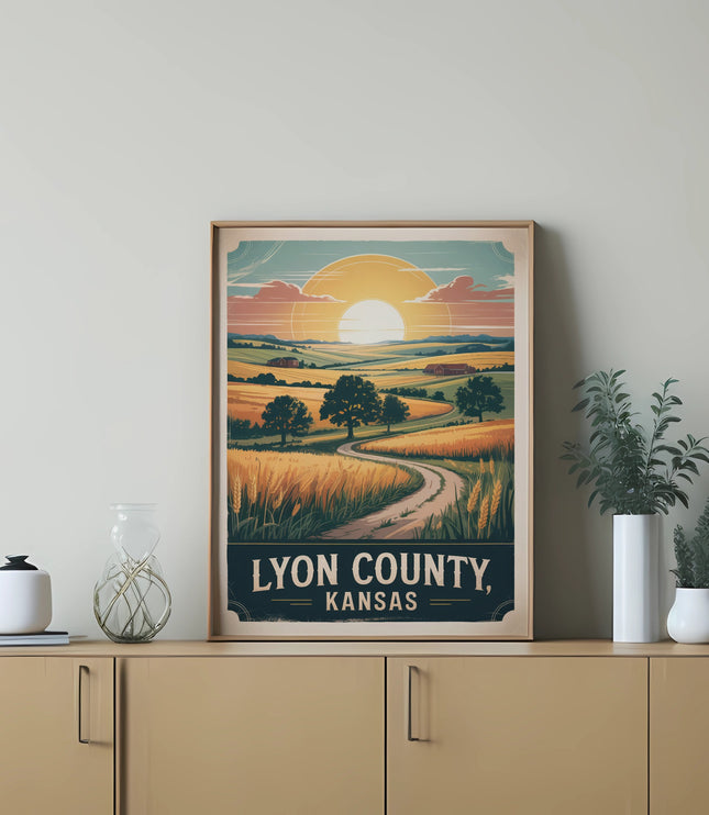 Framed poster with "Lyon County, Kansas" text and rural landscape at sunset.