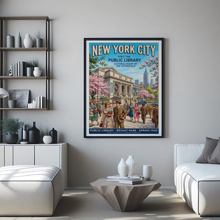 New York City Public Library travel poster, spring 1940, Bryant Park.