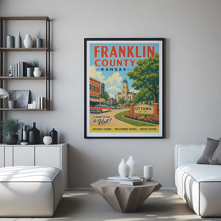 Poster for Franklin County, Kansas featuring Ottawa cityscape and text.