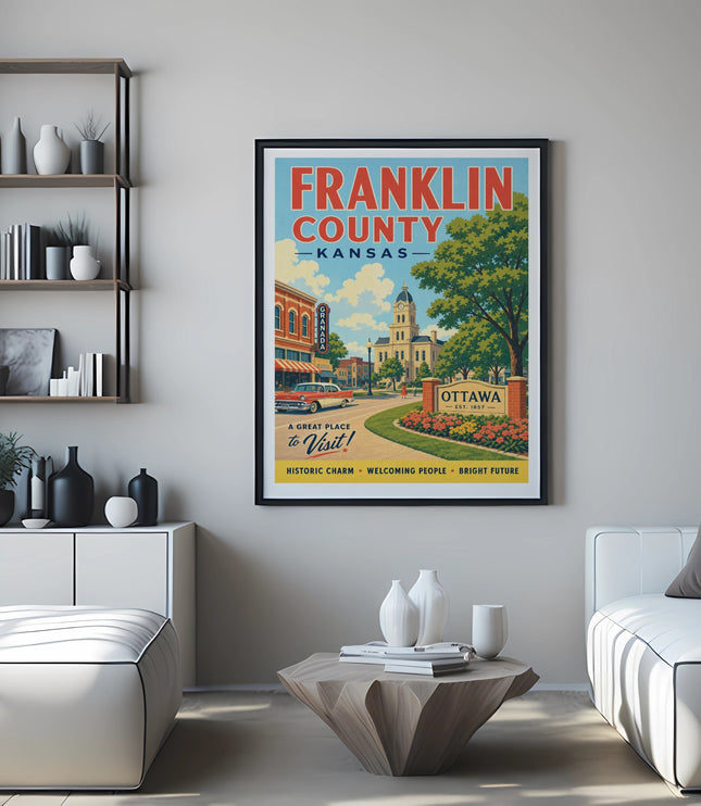 Poster for Franklin County, Kansas featuring Ottawa cityscape and text.