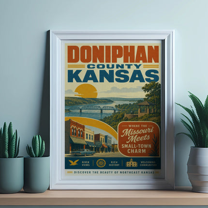 Doniphan County, Kansas vintage travel poster with sunset over river and town.