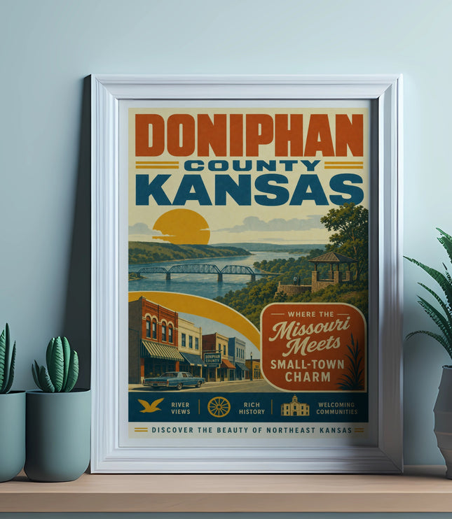 Doniphan County, Kansas vintage travel poster with sunset over river and town.