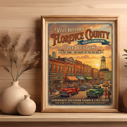 Vintage poster of Florence County, SC, showing a town street scene and stating "Pee Dee's Gem".