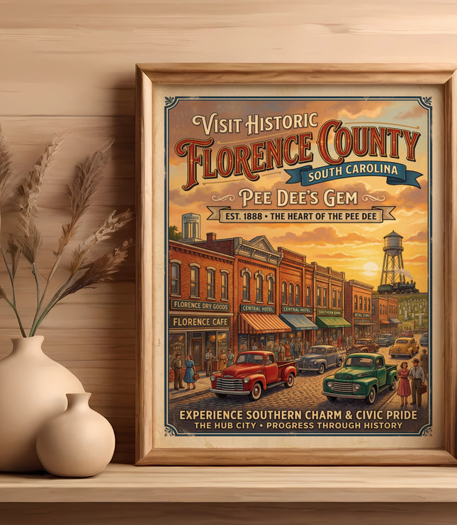 Vintage poster of Florence County, SC, showing a town street scene and stating "Pee Dee's Gem".