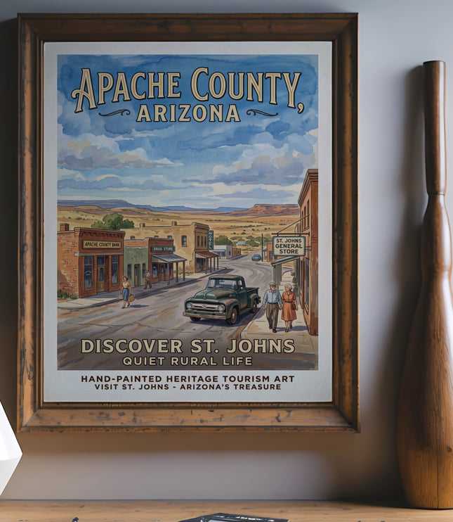 Poster of Apache County, Arizona with "Discover St. Johns" town scene.