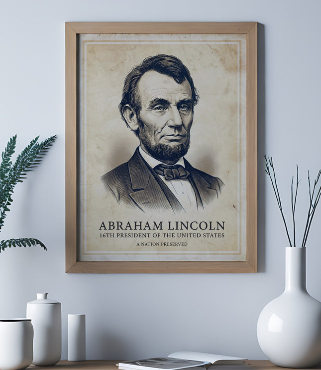Portrait of Abraham Lincoln, 16th President of the United States, framed.