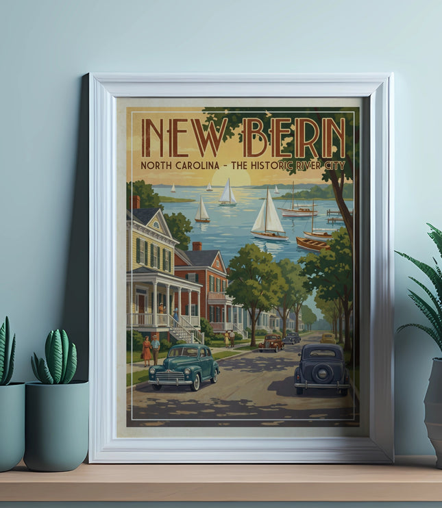 New Bern North Carolina historic river city poster with sailboats and vintage cars