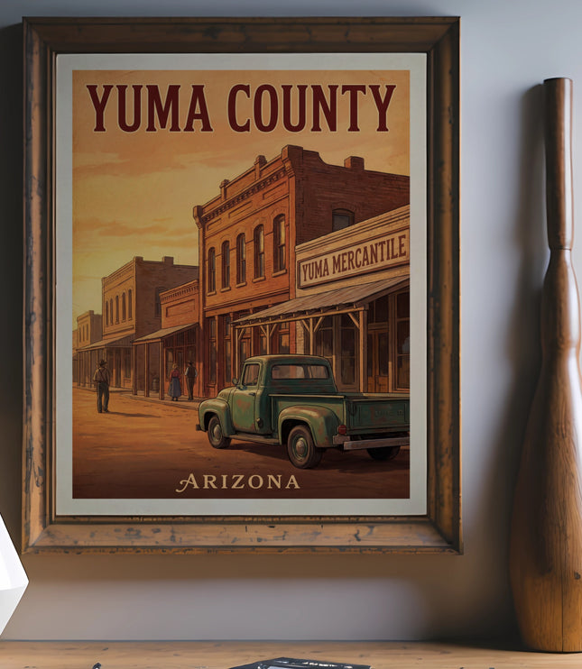 Vintage poster of Yuma County, Arizona with a green pickup truck and mercantile.