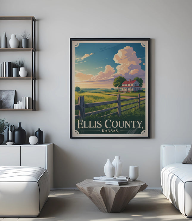 Poster for Ellis County, Kansas, featuring a rural landscape.