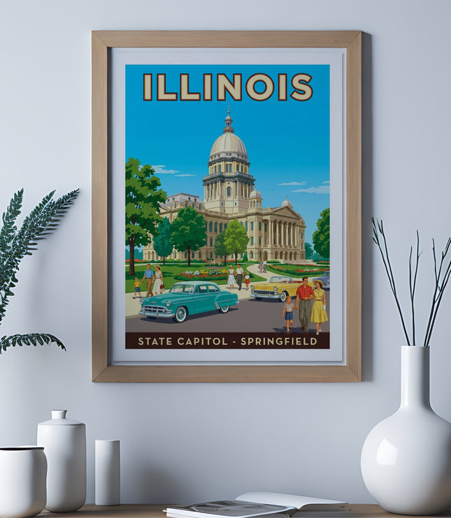 Illinois State Capitol, Springfield travel poster with vintage cars and people.