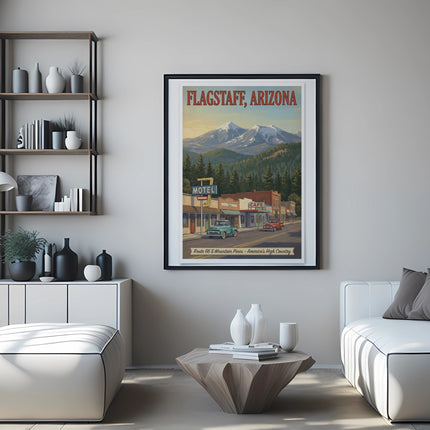 Framed "Flagstaff, Arizona" vintage travel poster with motel and mountain scene.