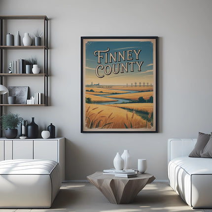 Finney County travel poster with wheat fields and river landscape.