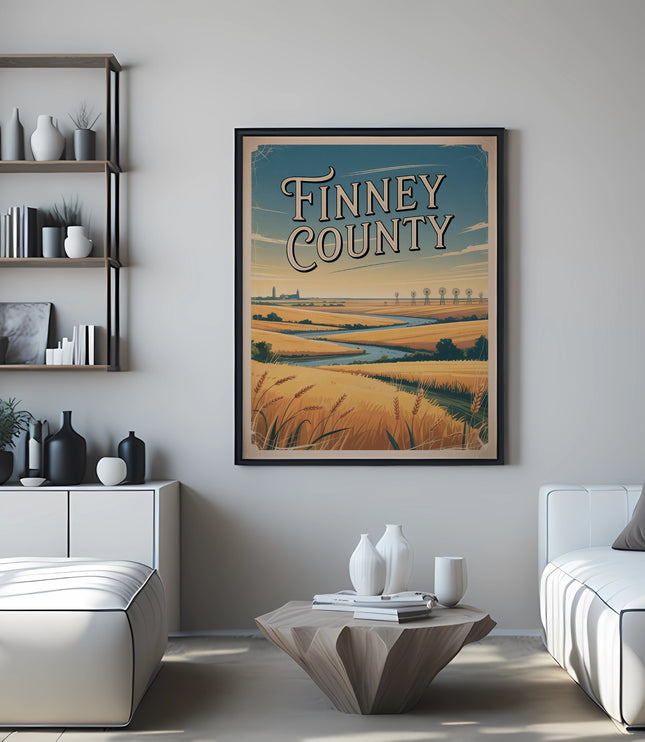 Finney County travel poster with wheat fields and river landscape.
