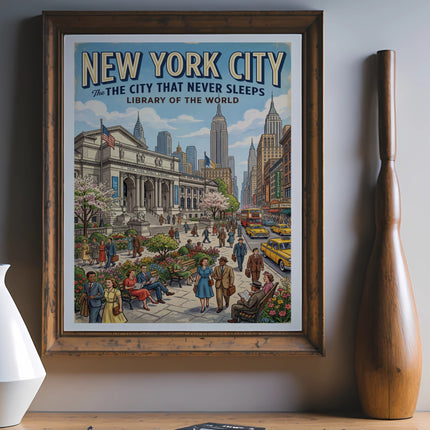 Vintage New York City poster with "The City That Never Sleeps" text.
