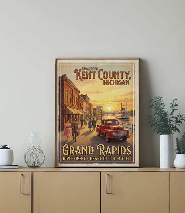 Vintage poster of Grand Rapids, Michigan showing a riverfront scene with people and a red truck.