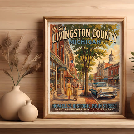Vintage style poster of Howell's Historic Main Street in Livingston County, Michigan.