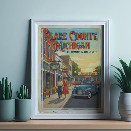 Clare County, Michigan: Charming Main Street retro poster with couple and vintage truck.