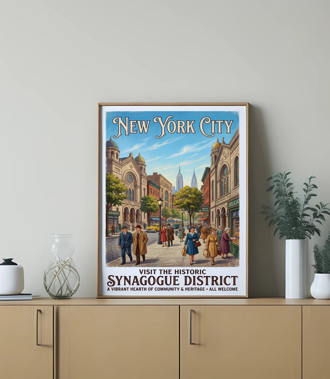 New York City poster of historic synagogue district with B'nai Israel Synagogue and cityscape.