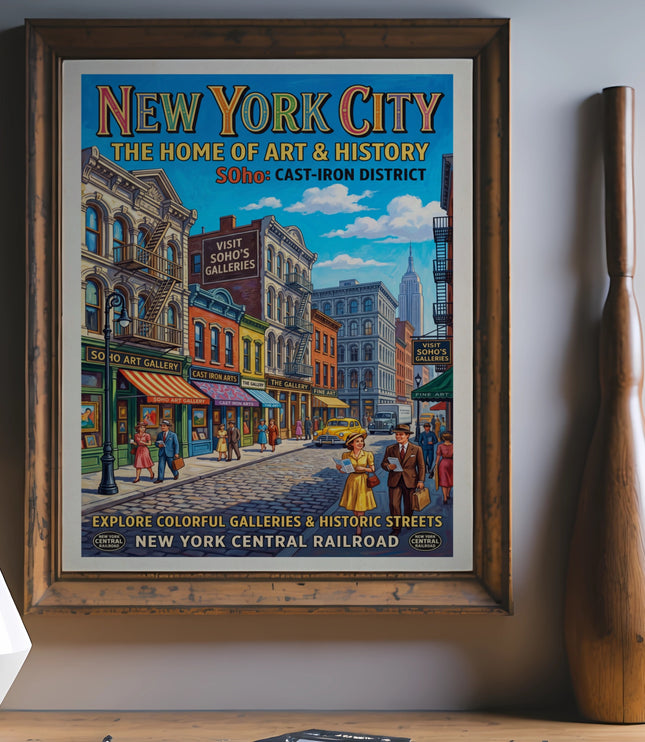 New York City travel poster depicting Soho galleries and historic streets, New York Central Railroad.