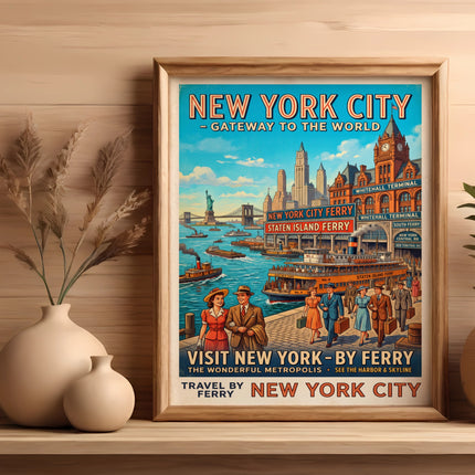 Vintage New York City ferry poster with people, boats, and skyline.