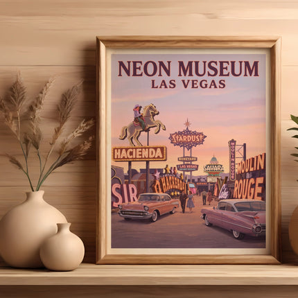Neon Museum Las Vegas poster featuring vintage cars and casino signs.