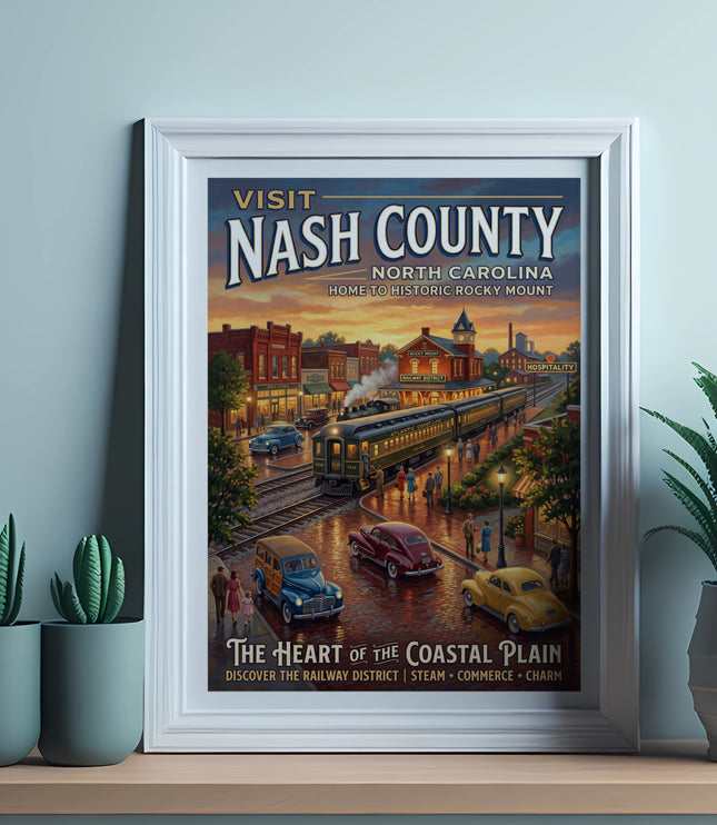 Vintage travel poster for Nash County, North Carolina, featuring a train and Rocky Mount.