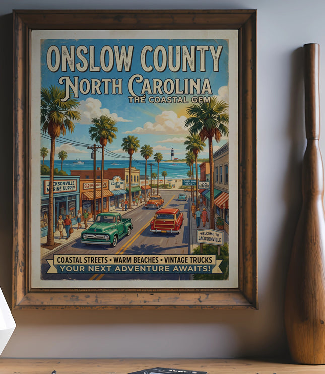 Onslow County North Carolina vintage travel poster with vintage trucks and palm trees.