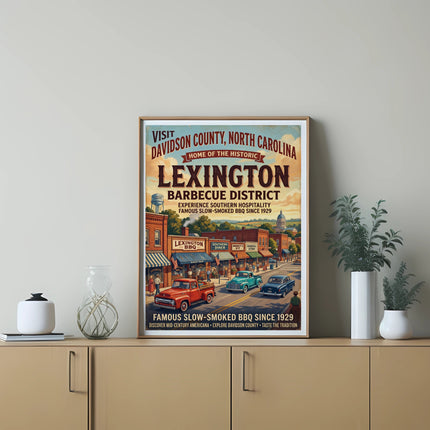Vintage poster depicts Lexington Barbecue District, Davidson County, North Carolina.