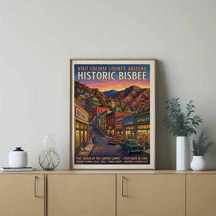Vintage poster of Historic Bisbee, Arizona with a street scene and mountains.