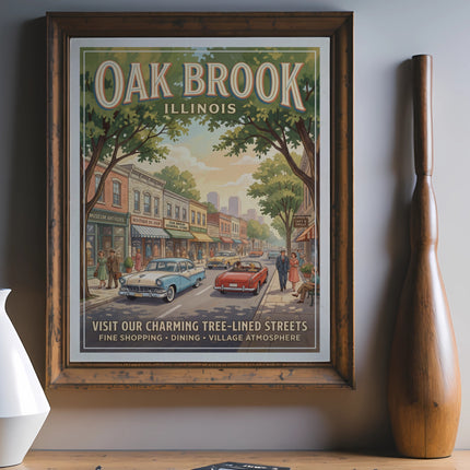 Oak Brook Illinois vintage travel poster with cars and shops, Visit our charming tree-lined streets.