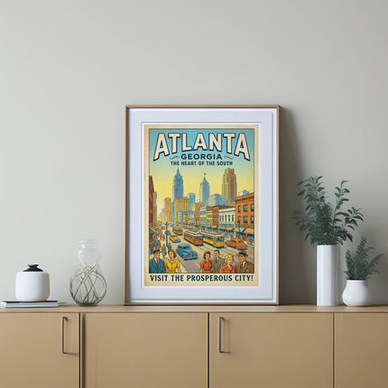 Vintage Atlanta Georgia travel poster depicting city skyline and people.