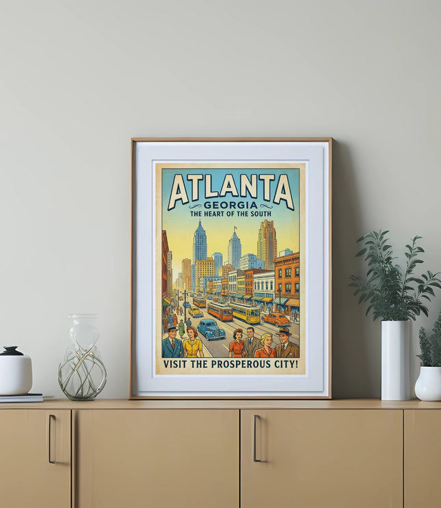 Vintage Atlanta Georgia travel poster depicting city skyline and people.