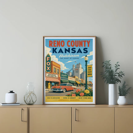 Reno County Kansas Hutchinson vintage travel poster with classic car and local businesses.