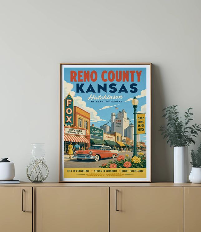 Reno County Kansas Hutchinson vintage travel poster with classic car and local businesses.