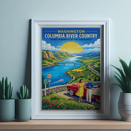 Washington Columbia River Country scenic highways poster with a couple by a car.