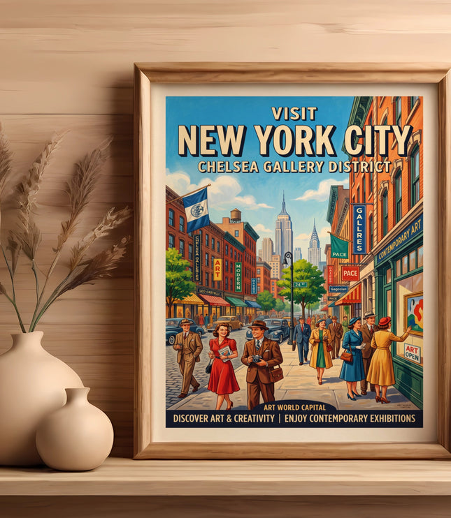 Vintage poster of New York City Chelsea Gallery District with people and art galleries.