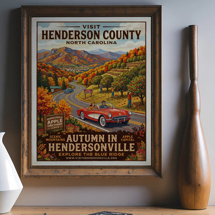 Vintage poster for Hendersonville, NC, showing autumn apple picking and a red convertible.