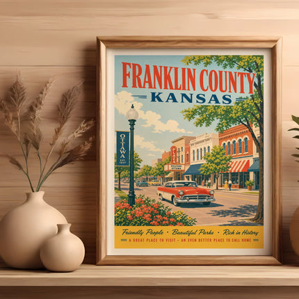 Vintage Franklin County, Kansas travel poster featuring Ottawa, a red car, and brick buildings.